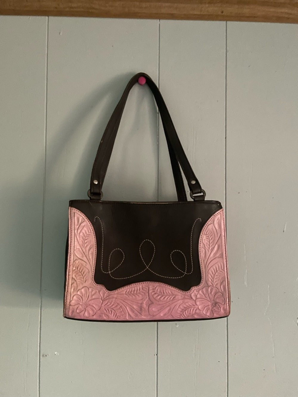 American West Pink and Brown Tooled Leather Shoulder Tote